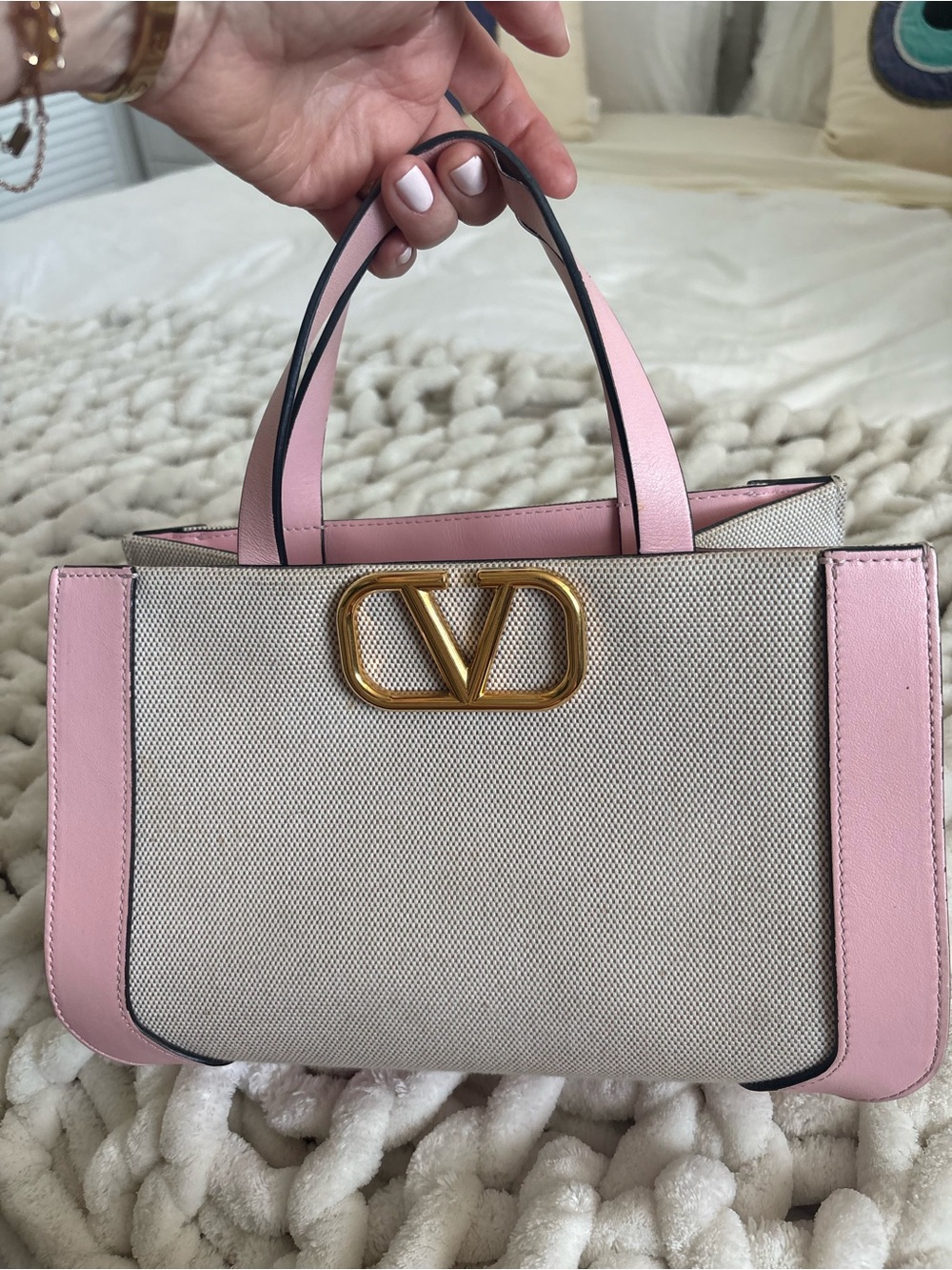 Valentino Garavani Beige Canvas Satchel with Pink Trim and Gold V Logo